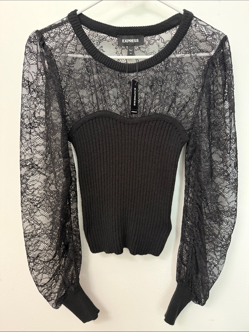 Express Black Lace-Sleeve Ribbed Bodice Top